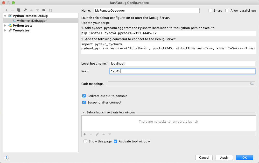 PyCharm remote debugger setting